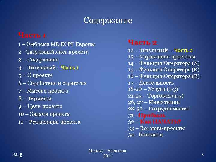 Содержание Часть 1 1 – Эмблема МК ЕСРГ Европы 2 - Титульный лист проекта