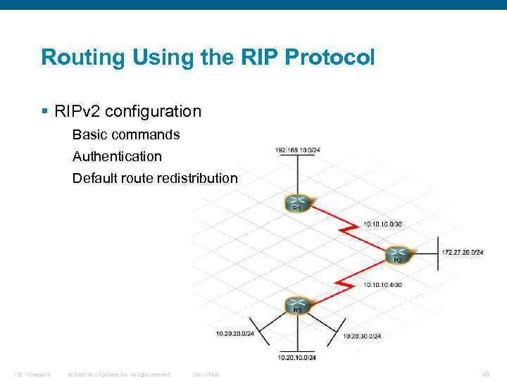 Routing Using the RIP Protocol § RIPv 2 configuration Basic commands Authentication Default route