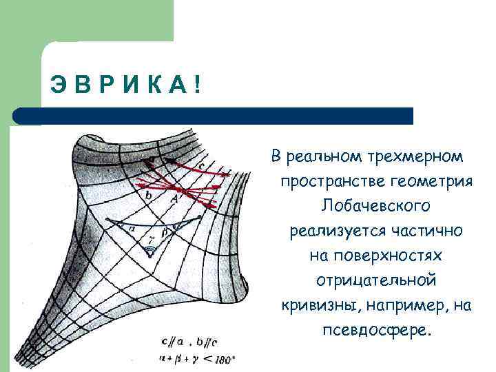 ЭВРИКА! В реальном трехмерном пространстве геометрия Лобачевского реализуется частично на поверхностях отрицательной кривизны, например,