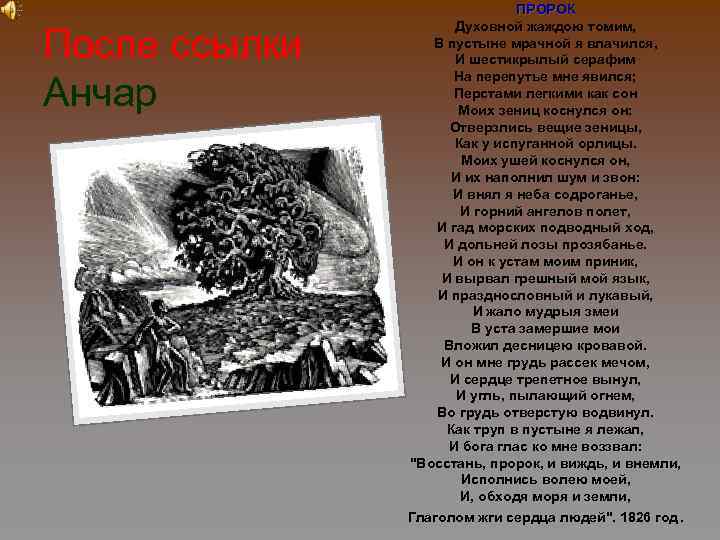 После ссылки Анчар ПРОРОК Духовной жаждою томим, В пустыне мрачной я влачился, И шестикрылый