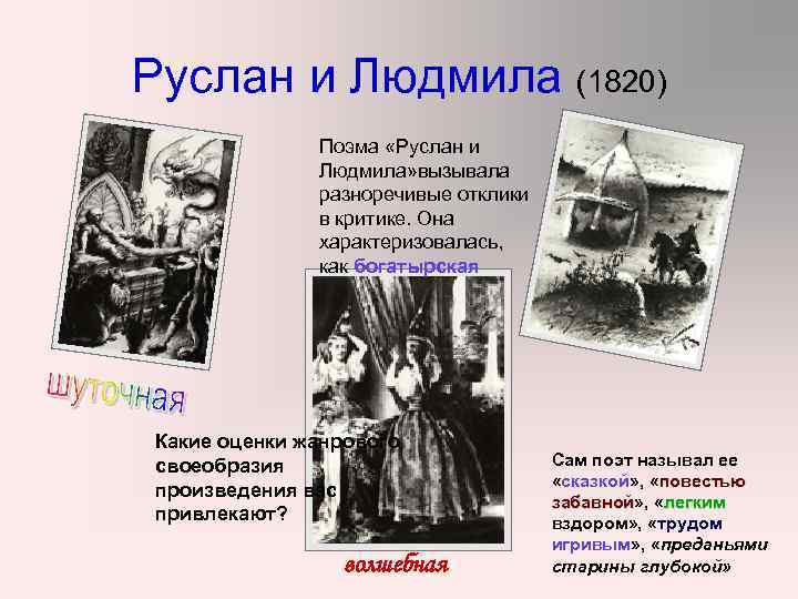 Руслан и Людмила (1820) Поэма «Руслан и Людмила» вызывала разноречивые отклики в критике. Она