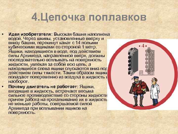 4. Цепочка поплавков • • Идея изобретателя: Высокая башня наполнена водой. Через шкивы, установленные