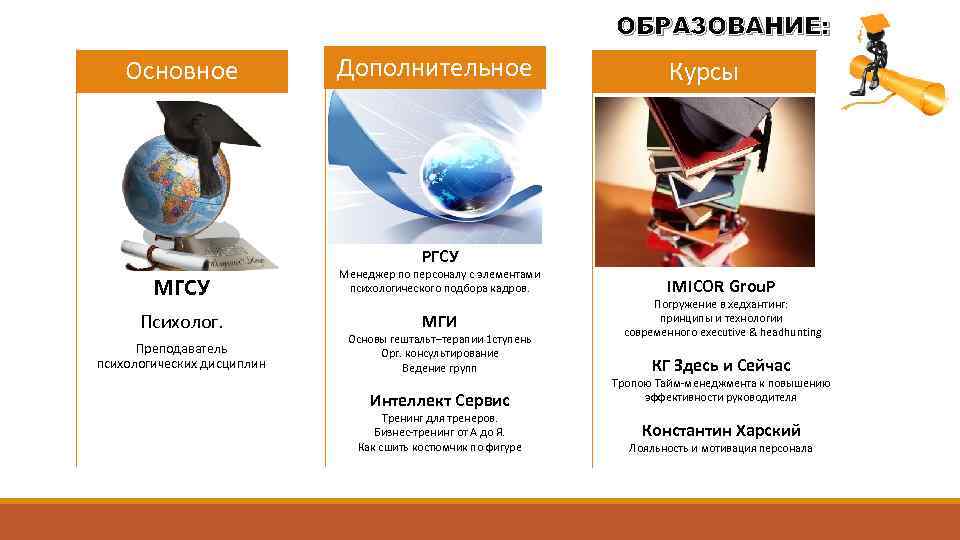 ОБРАЗОВАНИЕ: Основное Дополнительное Курсы РГСУ Менеджер по персоналу с элементами психологического подбора кадров. Психолог.