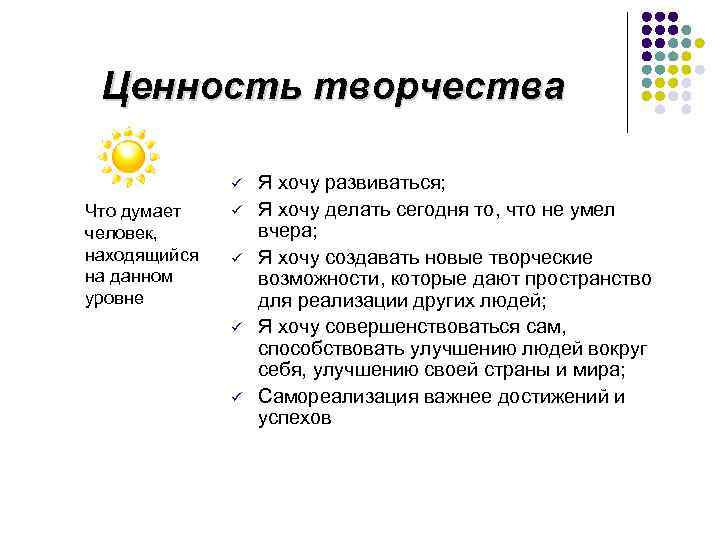 Ценность творчества ü Что думает человек, находящийся на данном уровне ü ü Я хочу