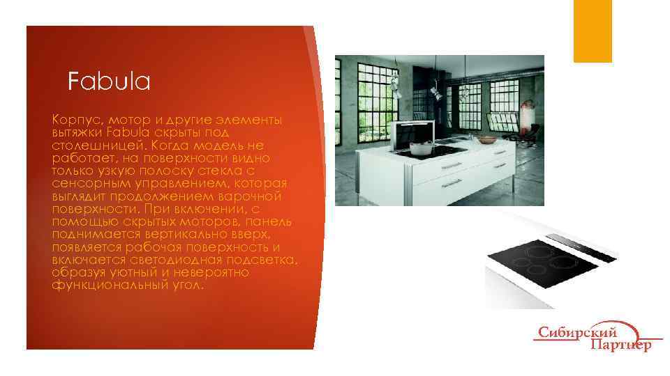 Fabula Корпус, мотор и другие элементы вытяжки Fabula скрыты под столешницей. Когда модель не