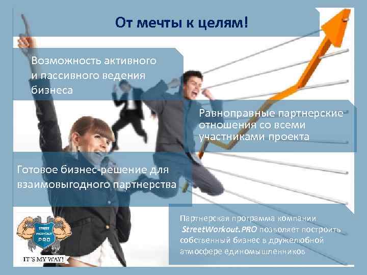 От мечты к целям! Возможность активного и пассивного ведения бизнеса Равноправные партнерские отношения со