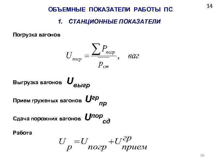 14 ОБЪЕМНЫЕ ПОКАЗАТЕЛИ РАБОТЫ ПС 1. СТАНЦИОННЫЕ ПОКАЗАТЕЛИ Погрузка вагонов Выгрузка вагонов Uвыгр Прием