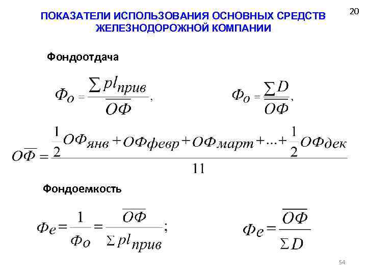 20 ПОКАЗАТЕЛИ ИСПОЛЬЗОВАНИЯ ОСНОВНЫХ СРЕДСТВ ЖЕЛЕЗНОДОРОЖНОЙ КОМПАНИИ Фондоотдача Фондоемкость 54 