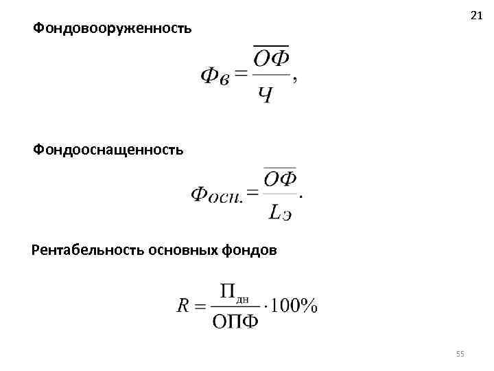 21 Фондовооруженность Фондооснащенность Рентабельность основных фондов 55 