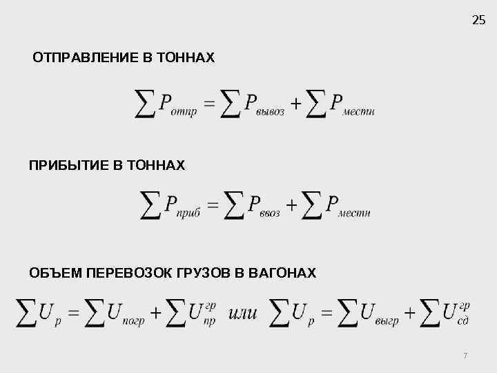 25 ОТПРАВЛЕНИЕ В ТОННАХ ПРИБЫТИЕ В ТОННАХ ОБЪЕМ ПЕРЕВОЗОК ГРУЗОВ В ВАГОНАХ 7 