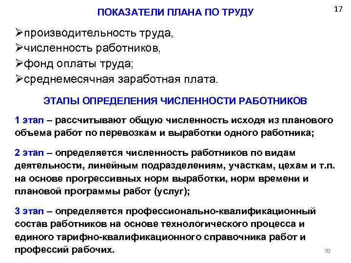 17 ПОКАЗАТЕЛИ ПЛАНА ПО ТРУДУ Øпроизводительность труда, Øчисленность работников, Øфонд оплаты труда; Øсреднемесячная заработная