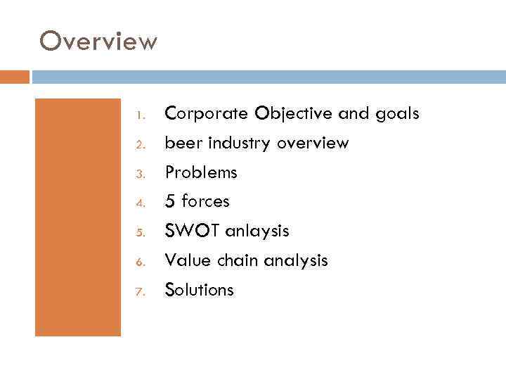 Overview 1. 2. 3. 4. 5. 6. 7. Corporate Objective and goals beer industry