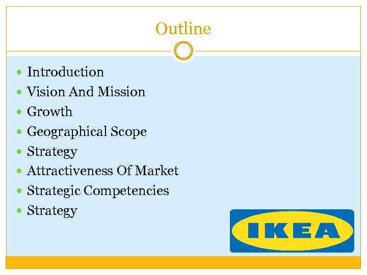 Outline Introduction Vision And Mission Growth Geographical Scope Strategy Attractiveness Of Market Strategic Competencies