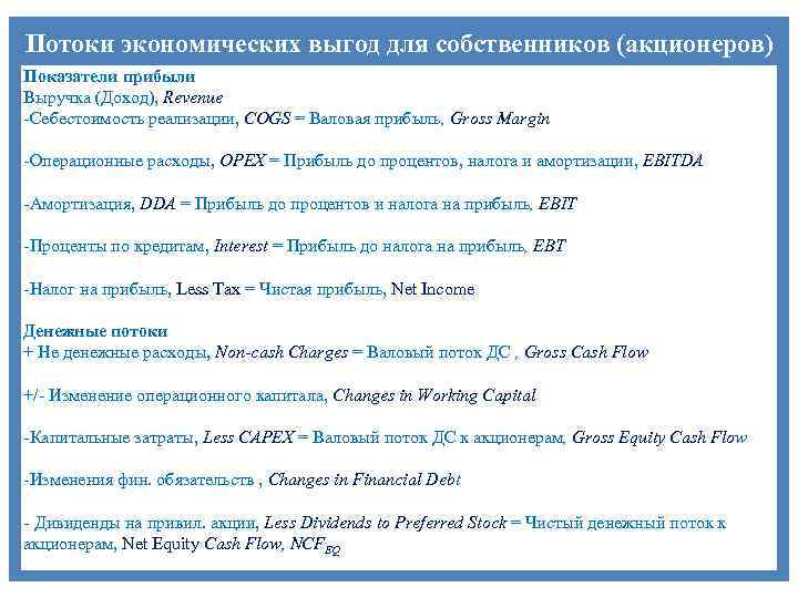 Потоки экономических выгод для собственников (акционеров) Показатели прибыли Выручка (Доход), Revenue -Себестоимость реализации, COGS