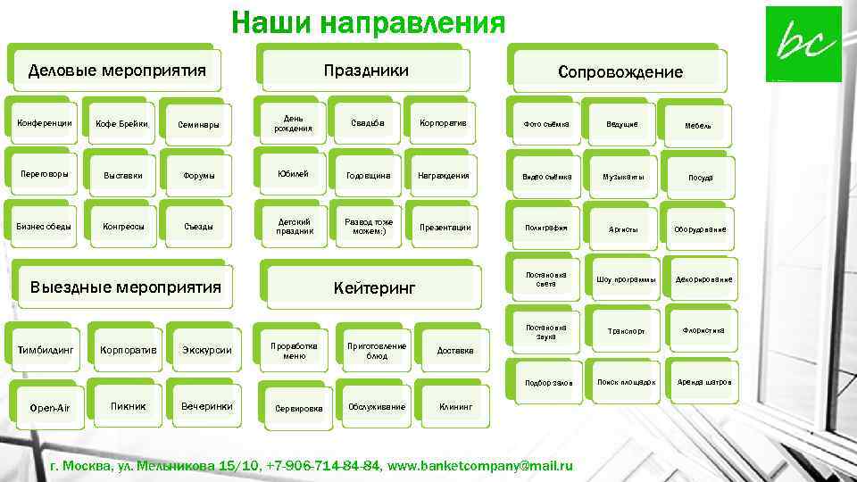 Деловые мероприятия Праздники Сопровождение Конференции Кофе Брейки Семинары День рождения Свадьба Корпоратив Фото съёмка