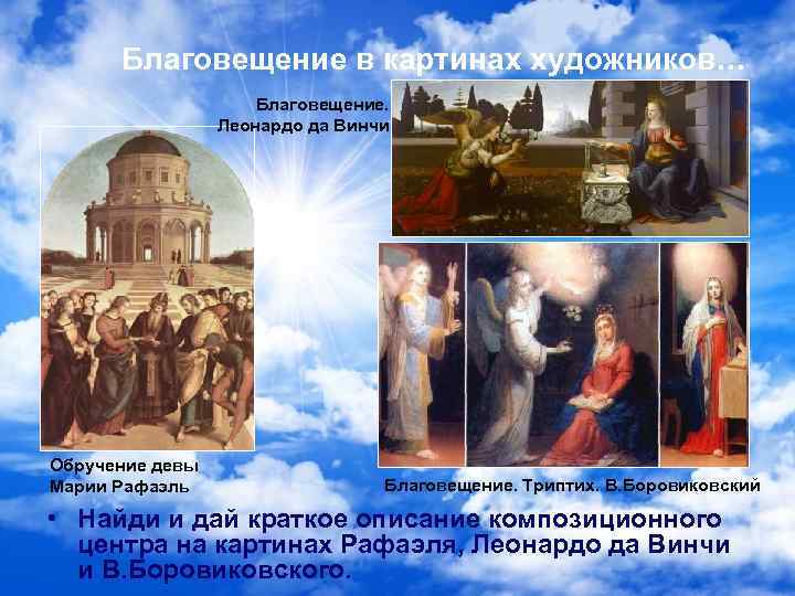Благовещение в картинах художников… Благовещение. Леонардо да Винчи Обручение девы Марии Рафаэль Благовещение. Триптих.