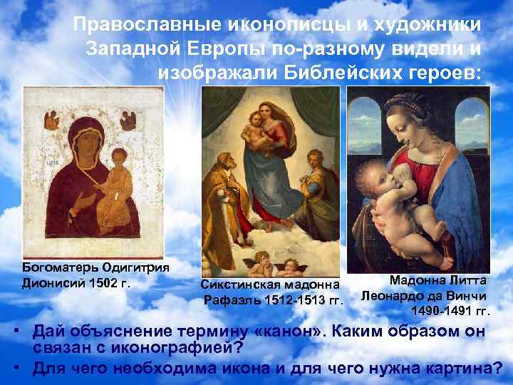 Православные иконописцы и художники Западной Европы по-разному видели и изображали Библейских героев: Богоматерь Одигитрия