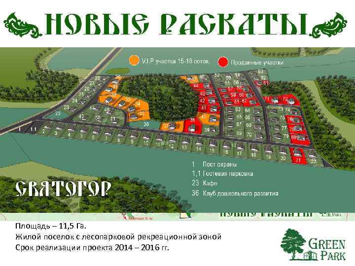 Площадь – 11, 5 Га. Жилой поселок с лесопарковой рекреационной зоной Срок реализации проекта