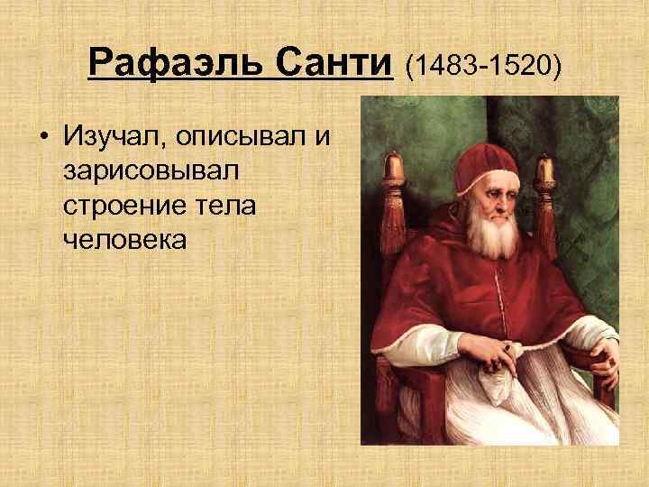 Рафаэль Санти (1483 -1520) • Изучал, описывал и зарисовывал строение тела человека 