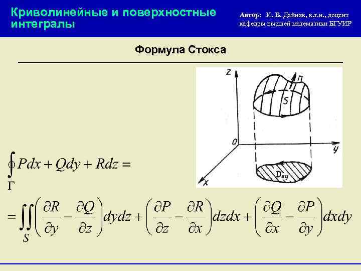 Криволинейные и поверхностные интегралы Формула Стокса Автор: И. В. Дайняк, к. т. н. ,