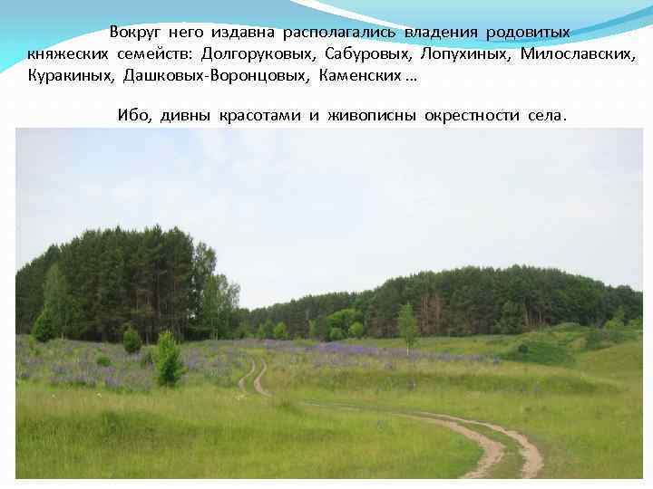 Вокруг него издавна располагались владения родовитых княжеских семейств: Долгоруковых, Сабуровых, Лопухиных, Милославских, Куракиных, Дашковых-Воронцовых,