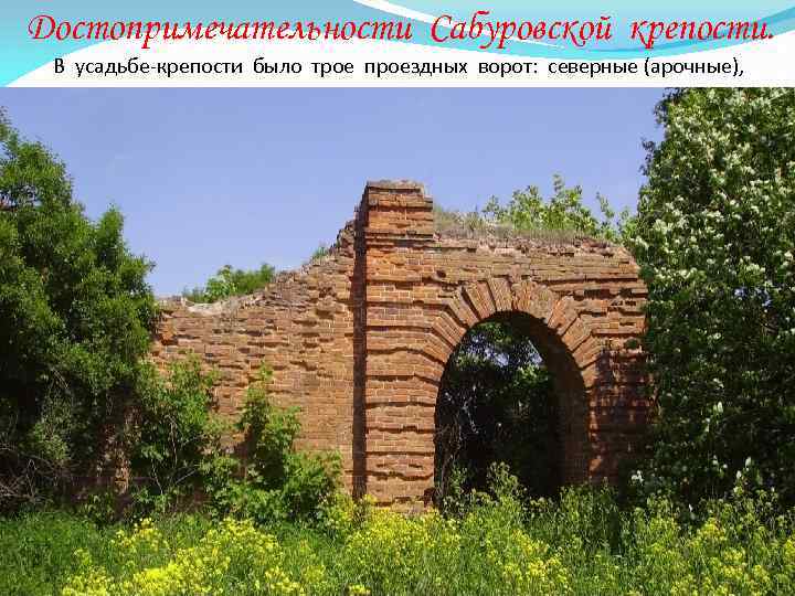 Достопримечательности Сабуровской крепости. В усадьбе-крепости было трое проездных ворот: северные (арочные), 