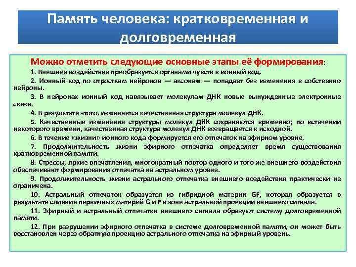 Память человека: кратковременная и долговременная Можно отметить следующие основные этапы её формирования: 1. Внешнее