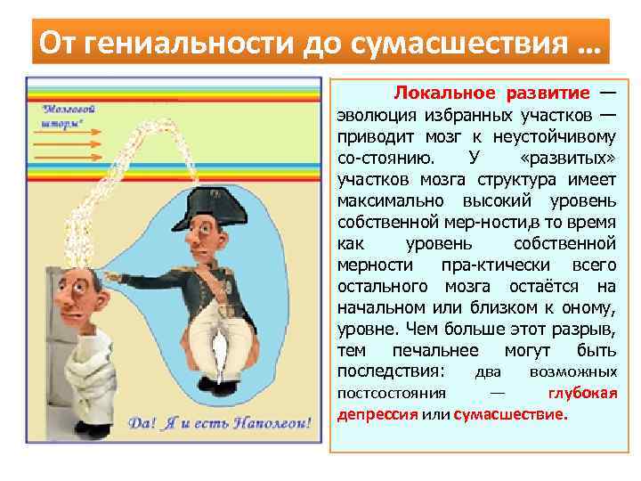 От гениальности до сумасшествия … Локальное развитие — эволюция избранных участков — приводит мозг