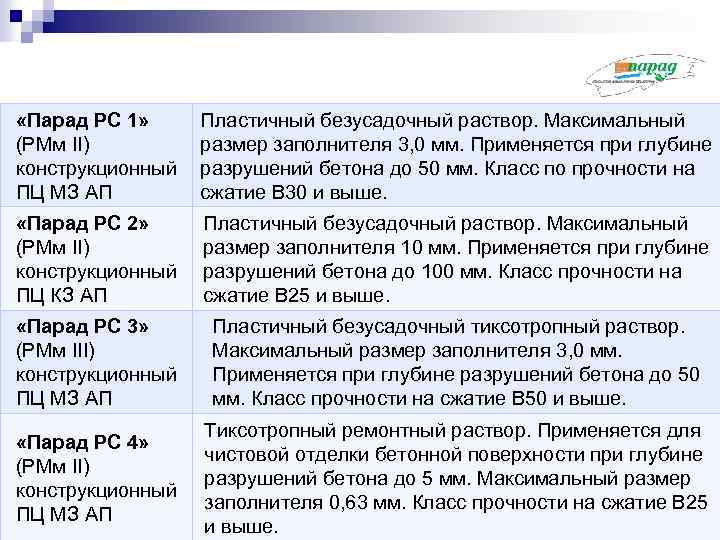  «Парад РС 1» Пластичный безусадочный раствор. Максимальный МАТЕРИАЛЫ ДЛЯ РЕМОНТА БЕТОННЫХ И ЖЕЛЕЗОБЕТОННЫХ