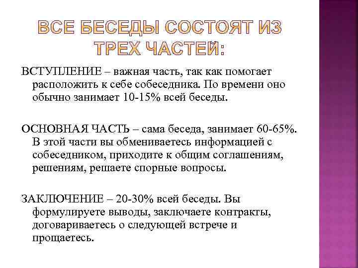 ВСТУПЛЕНИЕ – важная часть, так как помогает расположить к себе собеседника. По времени оно