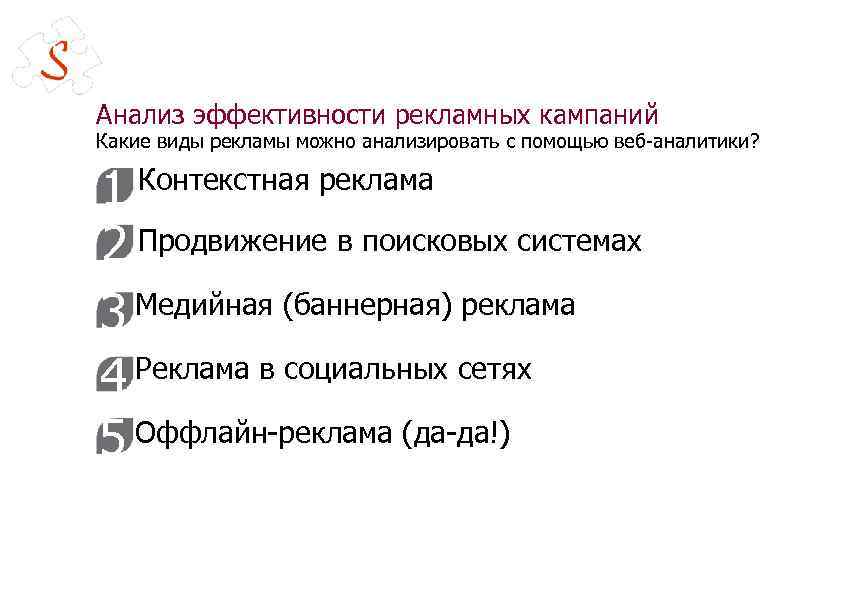 Анализ эффективности рекламных кампаний Какие виды рекламы можно анализировать с помощью веб-аналитики? 1 2