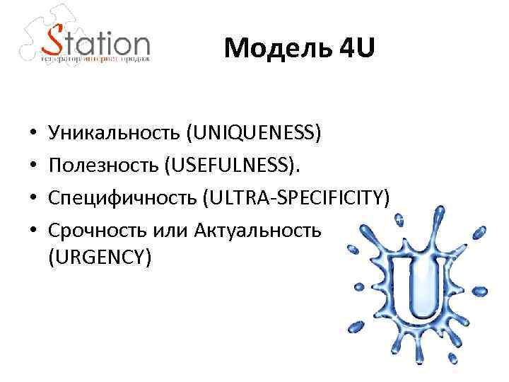 Модель 4 U • • Уникальность (UNIQUENESS) Полезность (USEFULNESS). Специфичность (ULTRA-SPECIFICITY) Срочность или Актуальность