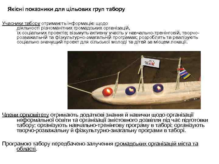 Якісні показники для цільових груп табору Учасники табору отримають інформацію щодо діяльності різноманітних громадських