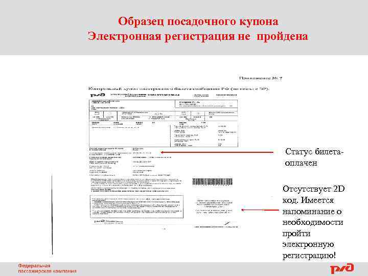 Образец посадочного купона Электронная регистрация не пройдена Статус билетаоплачен Отсутствует 2 D код. Имеется