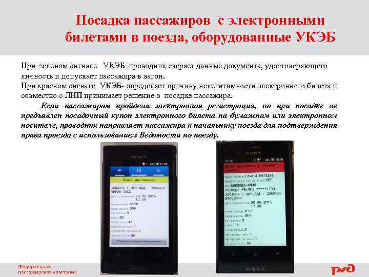 Посадка пассажиров с электронными билетами в поезда, оборудованные УКЭБ При зеленом сигнале УКЭБ проводник