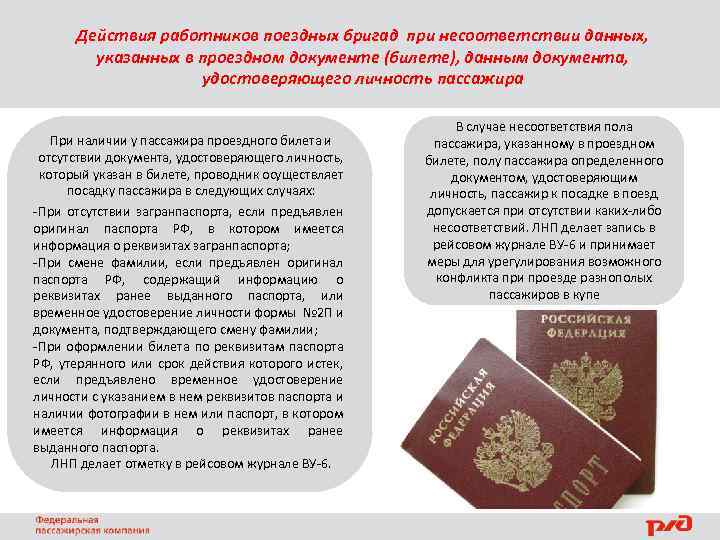 Действия работников поездных бригад при несоответствии данных, указанных в проездном документе (билете), данным документа,