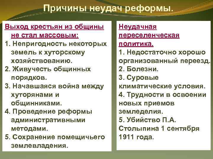 Причины неудач реформы. Выход крестьян из общины не стал массовым: 1. Непригодность некоторых земель