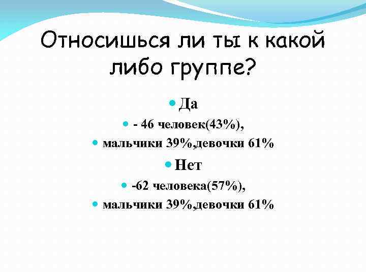 Относишься ли ты к какой либо группе? Да - 46 человек(43%), мальчики 39%, девочки