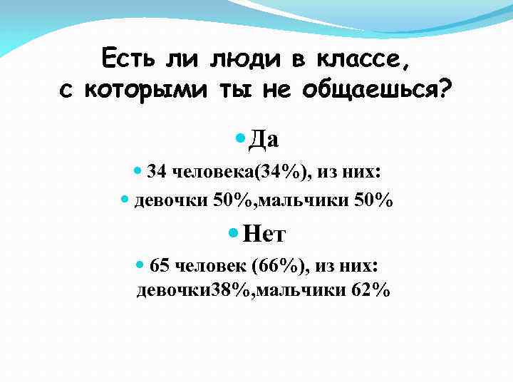 Есть ли люди в классе, с которыми ты не общаешься? Да 34 человека(34%), из