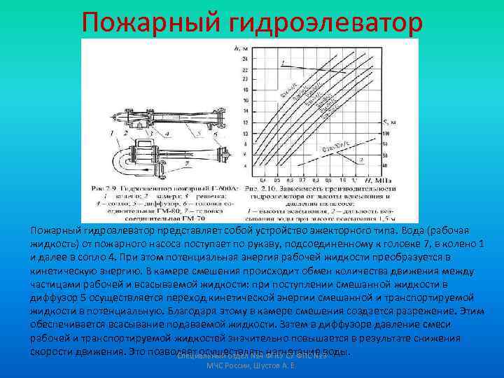 Пожарный гидроэлеватор представляет собой устройство эжекторного типа. Вода (рабочая жидкость) от пожарного насоса поступает