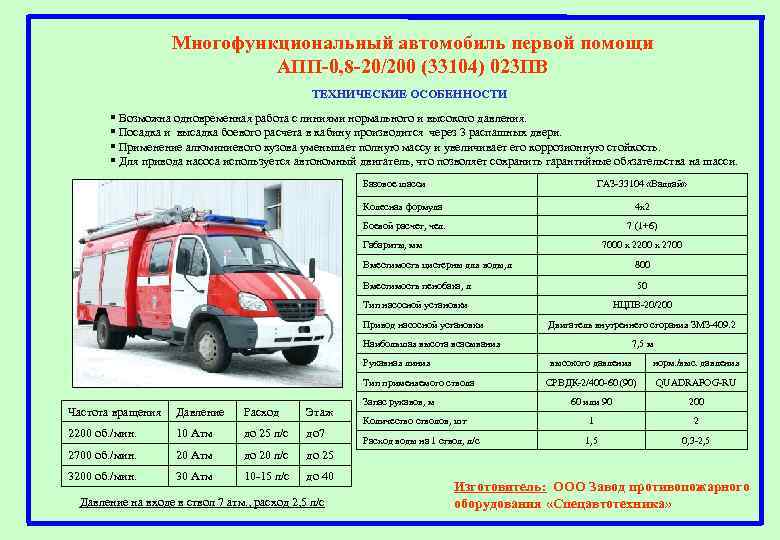 Многофункциональный автомобиль первой помощи АПП-0, 8 -20/200 (33104) 023 ПВ ТЕХНИЧЕСКИЕ ОСОБЕННОСТИ § Возможна