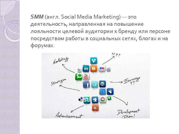 SMM (англ. Social Media Marketing) — это деятельность, направленная на повышение лояльности целевой аудитории