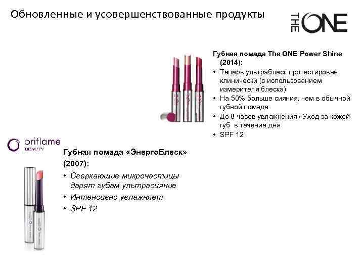 Обновленные и усовершенствованные продукты Губная помада The ONE Power Shine (2014): • Теперь ультраблеск