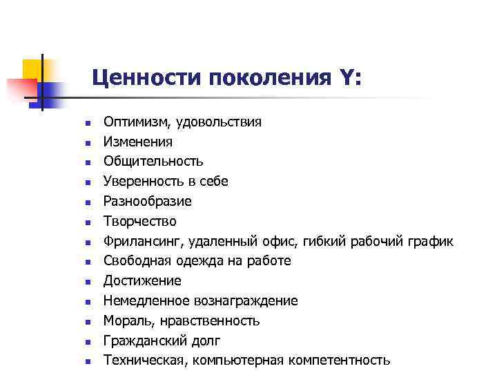 Ценности поколения Y: n n n n Оптимизм, удовольствия Изменения Общительность Уверенность в себе