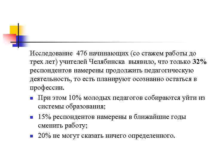 Исследование 476 начинающих (со стажем работы до трех лет) учителей Челябинска выявило, что только