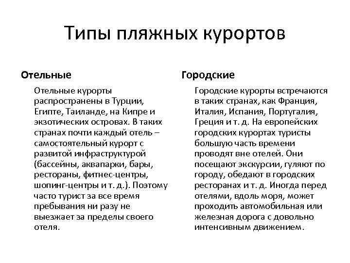 Типы пляжных курортов Отельные курорты распространены в Турции, Египте, Таиланде, на Кипре и экзотических