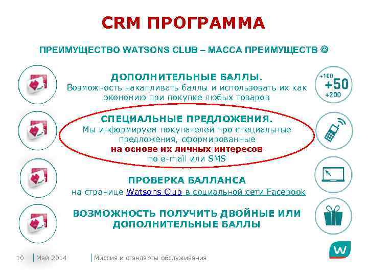 СRM ПРОГРАММА ПРЕИМУЩЕСТВО WATSONS CLUB – МАССА ПРЕИМУЩЕСТВ ДОПОЛНИТЕЛЬНЫЕ БАЛЛЫ. Возможность накапливать баллы и