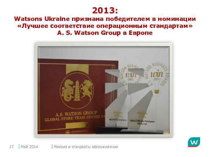 2013: Watsons Ukraine признана победителем в номинации «Лучшее соответствие операционным стандартам» A. S. Watson