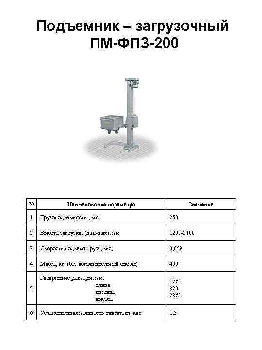 Подъемник – загрузочный ПМ-ФПЗ-200 № Наименование параметра Значение 1. Грузоподъемность , кгс 250 2.