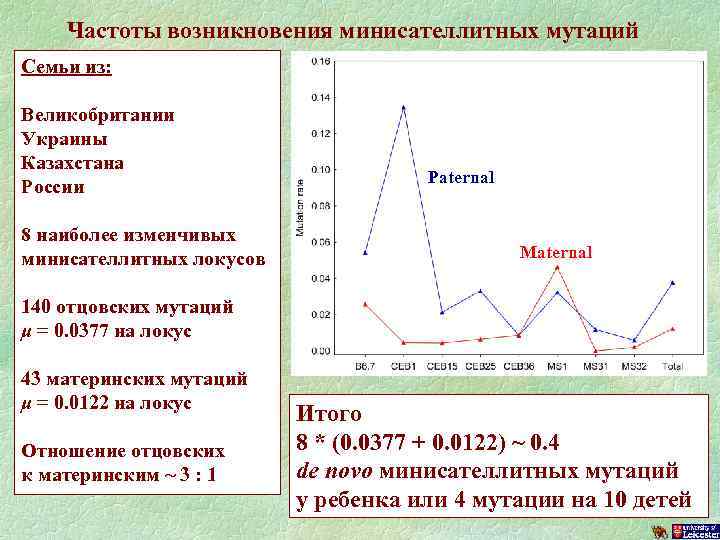 Частоты возникновения минисателлитных мутаций Семьи из: Великобритании Украины Казахстана России 8 наиболее изменчивых минисателлитных